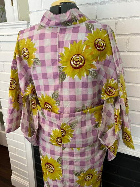 Japanese Vintage Yukata – Sunflower Print on Pink Gingham Check, Women's Cotton Kimono
