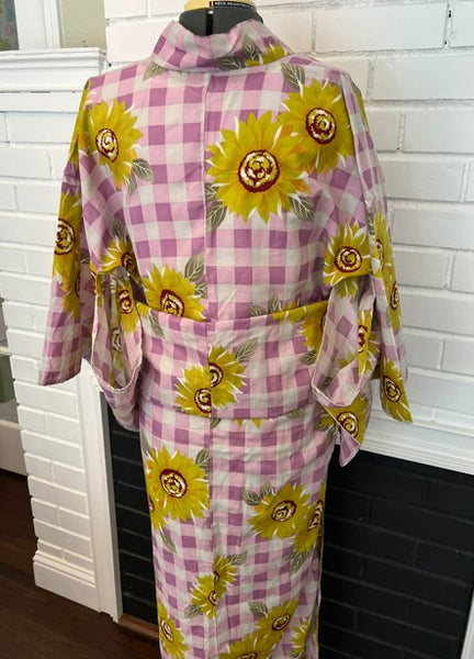 Japanese Vintage Yukata – Sunflower Print on Pink Gingham Check, Women's Cotton Kimono