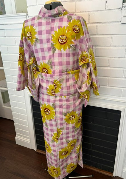 Japanese Vintage Yukata – Sunflower Print on Pink Gingham Check, Women's Cotton Kimono