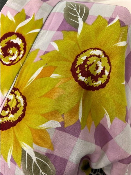 Japanese Vintage Yukata – Sunflower Print on Pink Gingham Check, Women's Cotton Kimono