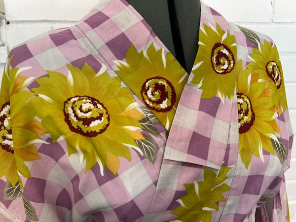 Japanese Vintage Yukata – Sunflower Print on Pink Gingham Check, Women's Cotton Kimono