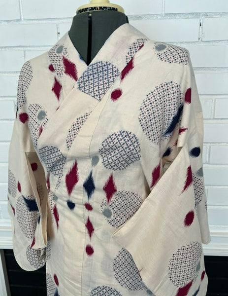 Japanese Vintage Yukata – Ikat Polka Dot Print, Petite/Girls' Cotton Kimono