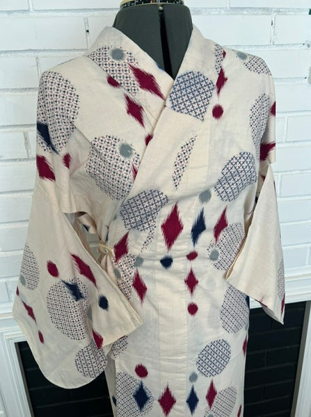 Japanese Vintage Yukata – Ikat Polka Dot Print, Petite/Girls' Cotton Kimono