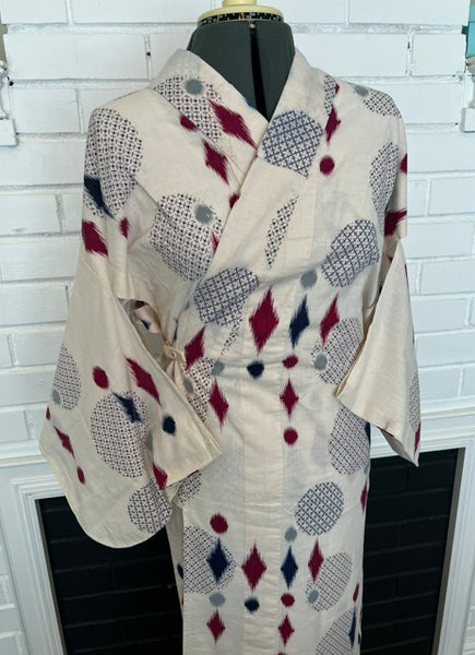 Japanese Vintage Yukata – Ikat Polka Dot Print, Petite/Girls' Cotton Kimono