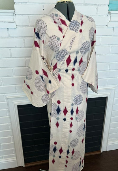Japanese Vintage Yukata – Ikat Polka Dot Print, Petite/Girls' Cotton Kimono