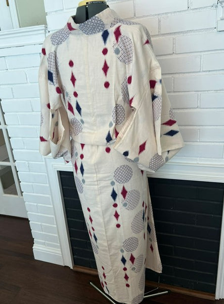Japanese Vintage Yukata – Ikat Polka Dot Print, Petite/Girls' Cotton Kimono