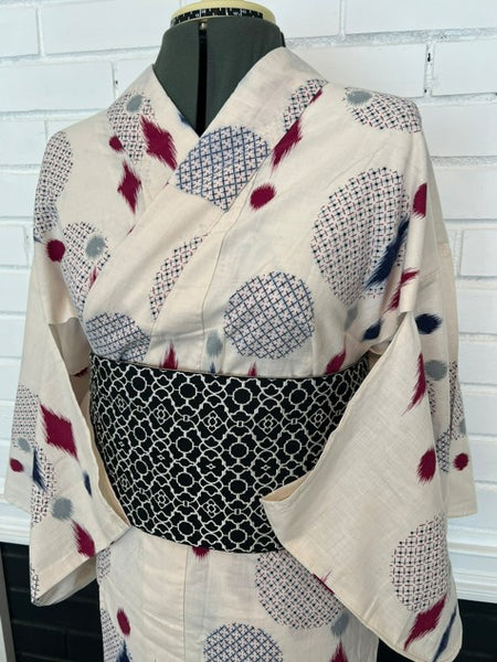 Japanese Vintage Yukata – Ikat Polka Dot Print, Petite/Girls' Cotton Kimono