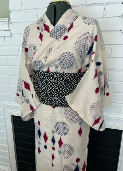 Japanese Vintage Yukata – Ikat Polka Dot Print, Petite/Girls' Cotton Kimono