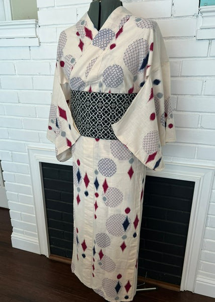 Japanese Vintage Yukata – Ikat Polka Dot Print, Petite/Girls' Cotton Kimono