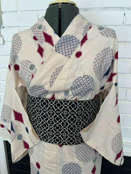 Japanese Vintage Yukata – Ikat Polka Dot Print, Petite/Girls' Cotton Kimono