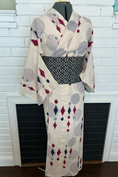 Japanese Vintage Yukata – Ikat Polka Dot Print, Petite/Girls' Cotton Kimono