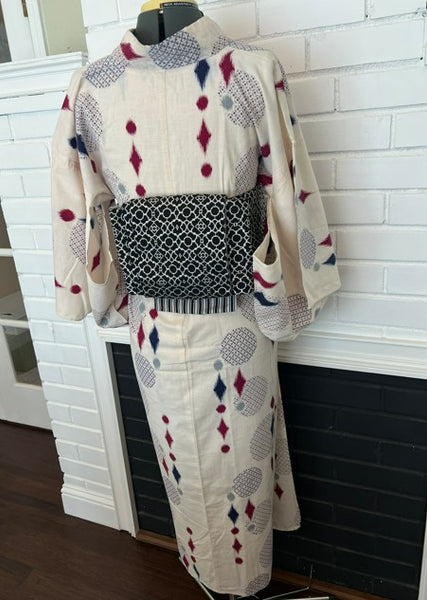 Japanese Vintage Yukata – Ikat Polka Dot Print, Petite/Girls' Cotton Kimono