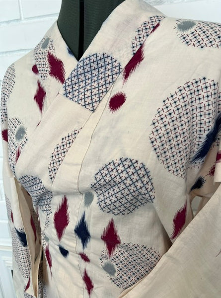 Japanese Vintage Yukata – Ikat Polka Dot Print, Petite/Girls' Cotton Kimono