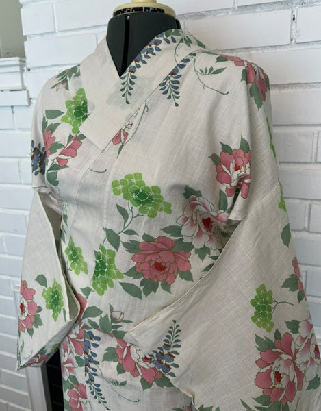 Japanese Vintage Yukata – Peony, Hydrangea & Wisteria Print, Women's Cotton Kimono, Size: S-M