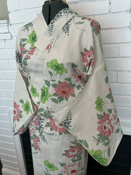 Japanese Vintage Yukata – Peony, Hydrangea & Wisteria Print, Women's Cotton Kimono, Size: S-M