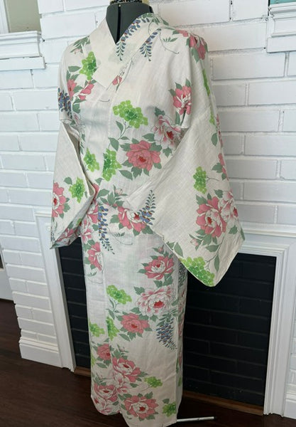 Japanese Vintage Yukata – Peony, Hydrangea & Wisteria Print, Women's Cotton Kimono, Size: S-M