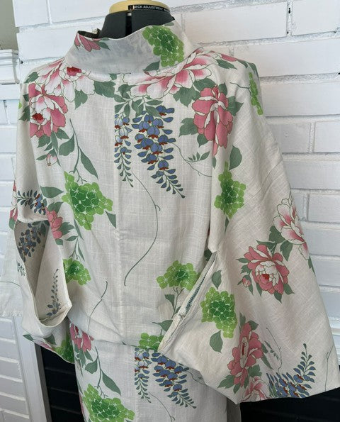 Japanese Vintage Yukata – Peony, Hydrangea & Wisteria Print, Women's Cotton Kimono, Size: S-M