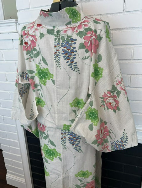 Japanese Vintage Yukata – Peony, Hydrangea & Wisteria Print, Women's Cotton Kimono, Size: S-M