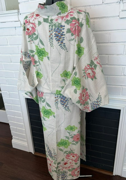 Japanese Vintage Yukata – Peony, Hydrangea & Wisteria Print, Women's Cotton Kimono, Size: S-M