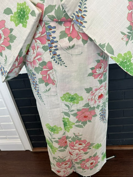 Japanese Vintage Yukata – Peony, Hydrangea & Wisteria Print, Women's Cotton Kimono, Size: S-M