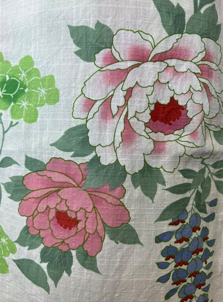 Japanese Vintage Yukata – Peony, Hydrangea & Wisteria Print, Women's Cotton Kimono, Size: S-M