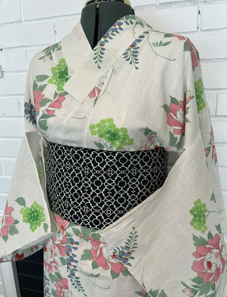 Japanese Vintage Yukata – Peony, Hydrangea & Wisteria Print, Women's Cotton Kimono, Size: S-M