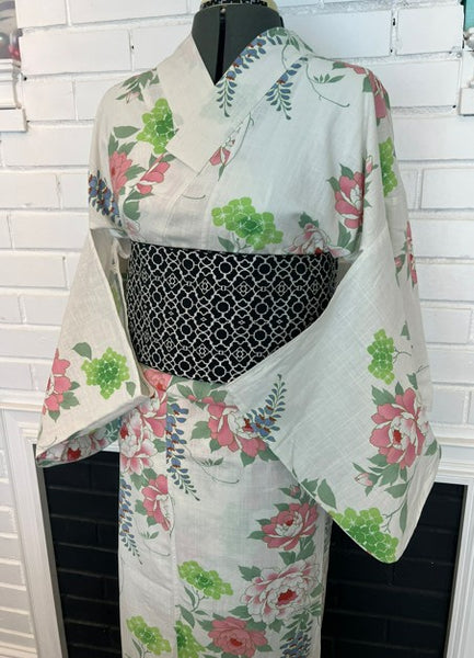 Japanese Vintage Yukata – Peony, Hydrangea & Wisteria Print, Women's Cotton Kimono, Size: S-M