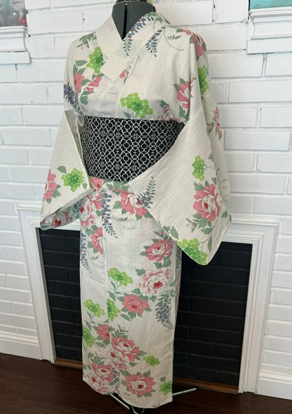 Japanese Vintage Yukata – Peony, Hydrangea & Wisteria Print, Women's Cotton Kimono, Size: S-M