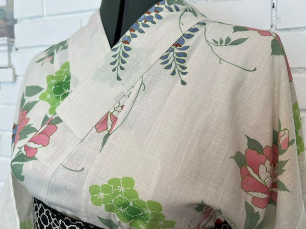 Japanese Vintage Yukata – Peony, Hydrangea & Wisteria Print, Women's Cotton Kimono, Size: S-M