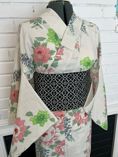 Japanese Vintage Yukata – Peony, Hydrangea & Wisteria Print, Women's Cotton Kimono, Size: S-M