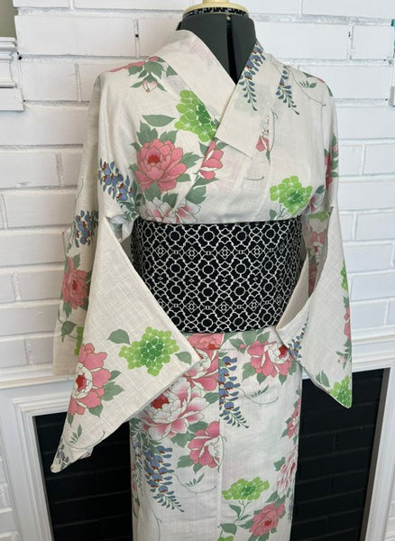 Japanese Vintage Yukata – Peony, Hydrangea & Wisteria Print, Women's Cotton Kimono, Size: S-M