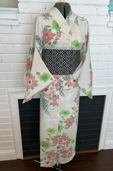 Japanese Vintage Yukata – Peony, Hydrangea & Wisteria Print, Women's Cotton Kimono, Size: S-M