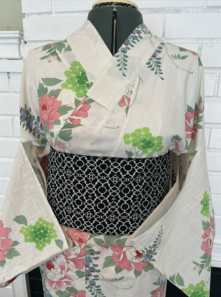 Japanese Vintage Yukata – Peony, Hydrangea & Wisteria Print, Women's Cotton Kimono, Size: S-M