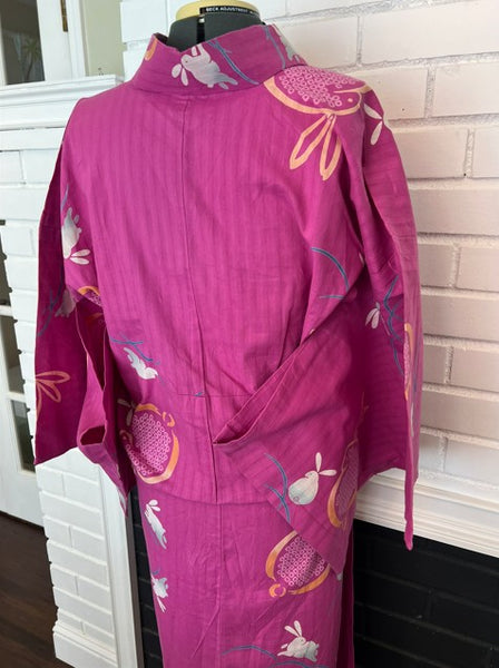 Japanese Vintage Yukata – Magenta Pink Rabbit Print, Women's Cotton Kimono, Size: M-L