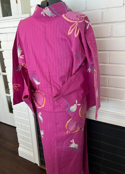 Japanese Vintage Yukata – Magenta Pink Rabbit Print, Women's Cotton Kimono, Size: M-L