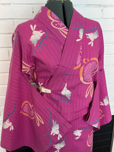Japanese Vintage Yukata – Magenta Pink Rabbit Print, Women's Cotton Kimono, Size: M-L