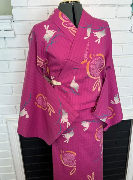 Japanese Vintage Yukata – Magenta Pink Rabbit Print, Women's Cotton Kimono, Size: M-L