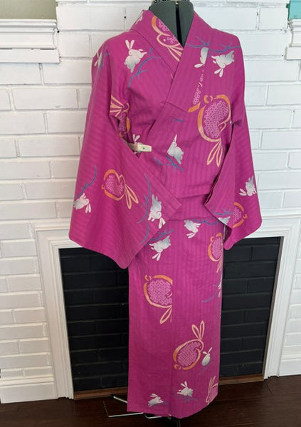 Japanese Vintage Yukata – Magenta Pink Rabbit Print, Women's Cotton Kimono, Size: M-L