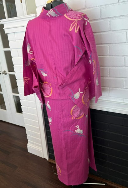 Japanese Vintage Yukata – Magenta Pink Rabbit Print, Women's Cotton Kimono, Size: M-L