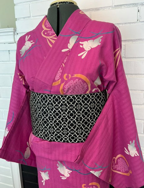 Japanese Vintage Yukata – Magenta Pink Rabbit Print, Women's Cotton Kimono, Size: M-L