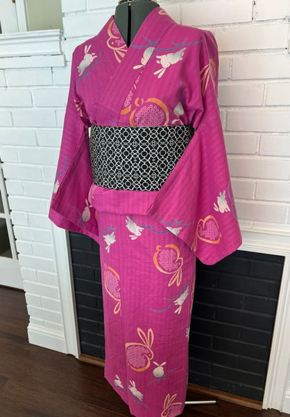 Japanese Vintage Yukata – Magenta Pink Rabbit Print, Women's Cotton Kimono, Size: M-L