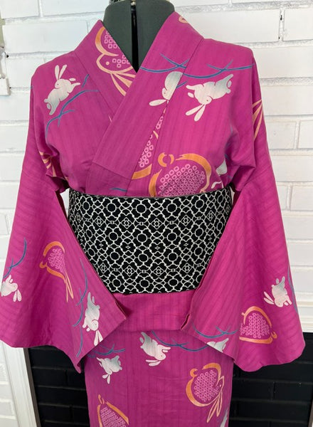 Japanese Vintage Yukata – Magenta Pink Rabbit Print, Women's Cotton Kimono, Size: M-L