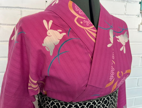 Japanese Vintage Yukata – Magenta Pink Rabbit Print, Women's Cotton Kimono, Size: M-L