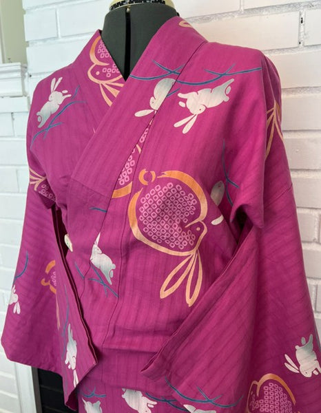 Japanese Vintage Yukata – Magenta Pink Rabbit Print, Women's Cotton Kimono, Size: M-L