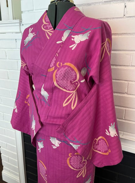 Japanese Vintage Yukata – Magenta Pink Rabbit Print, Women's Cotton Kimono, Size: M-L