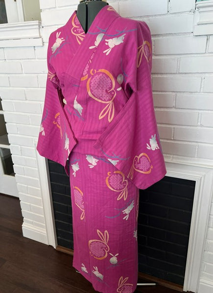 Japanese Vintage Yukata – Magenta Pink Rabbit Print, Women's Cotton Kimono, Size: M-L