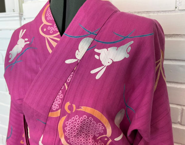 Japanese Vintage Yukata – Magenta Pink Rabbit Print, Women's Cotton Kimono, Size: M-L