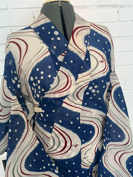 Japanese Vintage Yukata – Blue & White Swirl Wave Print, Petite Size Cotton Kimono, Hand-Sewn