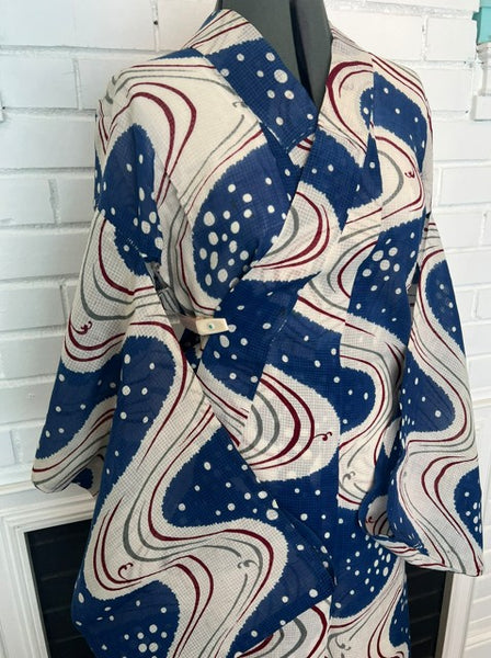 Japanese Vintage Yukata – Blue & White Swirl Wave Print, Petite Size Cotton Kimono, Hand-Sewn