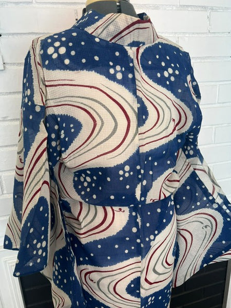 Japanese Vintage Yukata – Blue & White Swirl Wave Print, Petite Size Cotton Kimono, Hand-Sewn
